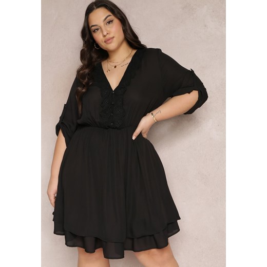 Czarna Sukienka Mini z Gumką w Talii i Koronkowymi Wstawkami Kelia ze sklepu Renee odzież w kategorii Sukienki - zdjęcie 157124334