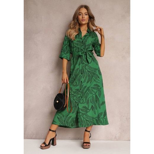 Zielona Koszulowa Sukienka z Wiskozy w Roślinny Wzór Eudodia ze sklepu Renee odzież w kategorii Sukienki - zdjęcie 157134173