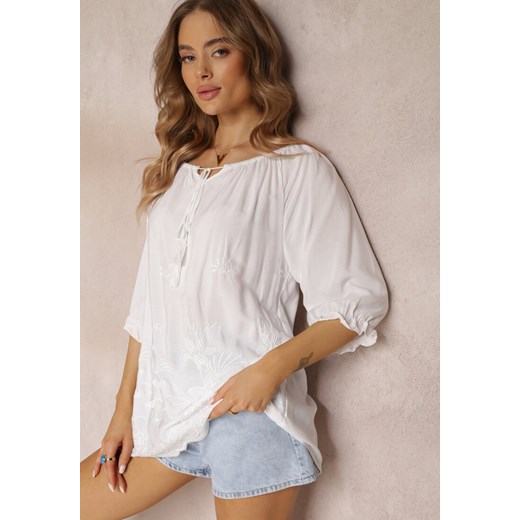 Biała Bluzka Hiszpanka z Ozdobnym Wiązaniem i Haftem Chesa ze sklepu Renee odzież w kategorii Bluzki damskie - zdjęcie 157226661