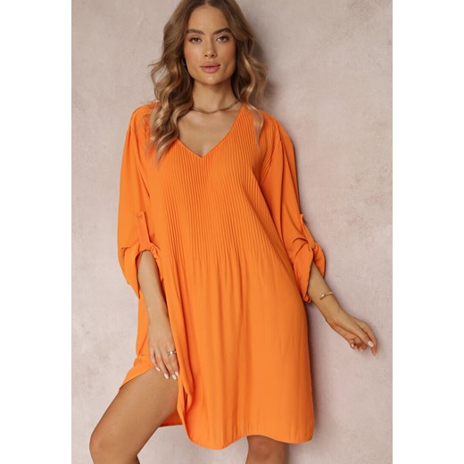 Pomarańczowa Plisowana Sukienka Mini z Długimi Rękawami Oversize Ticini ze sklepu Renee odzież w kategorii Sukienki - zdjęcie 157226671