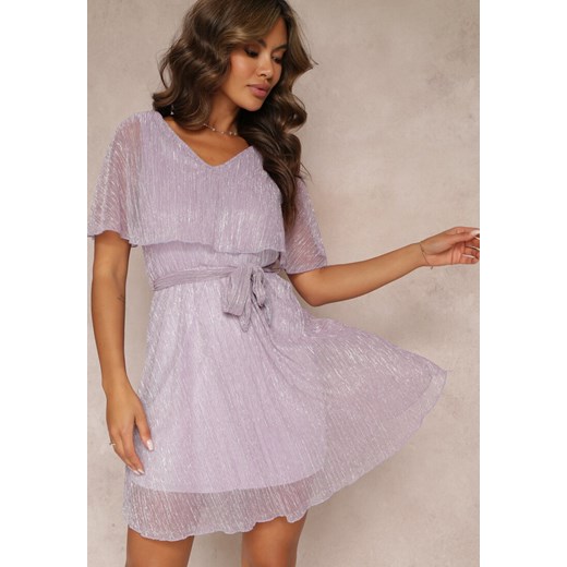 Fioletowa Sukienka Mini z Metaliczną Nitką i Gumką w Pasie Eullas ze sklepu Renee odzież w kategorii Sukienki - zdjęcie 157230133