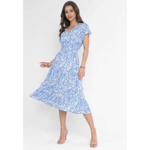 Niebieska Bawełniana Sukienka w Kwiatki z Gumką w Talii i Guzikami Ronalika L promocja Born2be Odzież