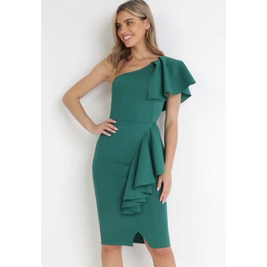 Zielona Dopasowana Sukienka na Jedno Ramię z Falbanami Lelila ze sklepu Born2be Odzież w kategorii Sukienki - zdjęcie 157233460