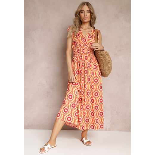 Pomarańczowa Rozkloszowana Sukienka z Wiskozy w Fantazyjny Print Karlene ze sklepu Renee odzież w kategorii Sukienki - zdjęcie 157234053