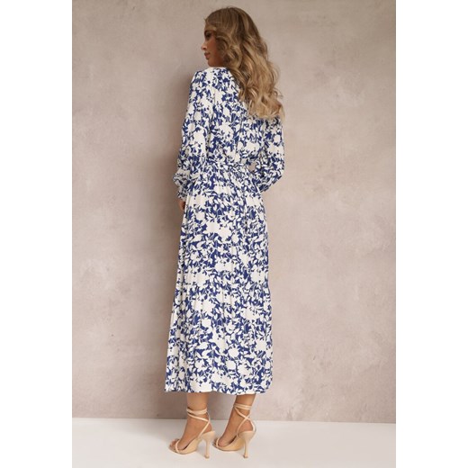 Niebieska Sukienka Kopertowa w Kwiaty z Wiązanym Paskiem Faerise Renee 3XL promocja Renee odzież