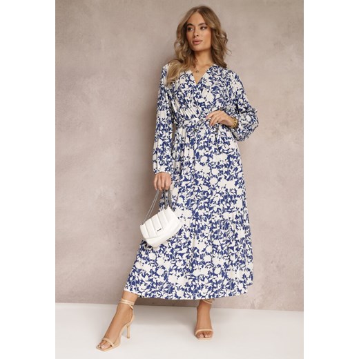 Niebieska Sukienka Kopertowa w Kwiaty z Wiązanym Paskiem Faerise Renee M okazyjna cena Renee odzież