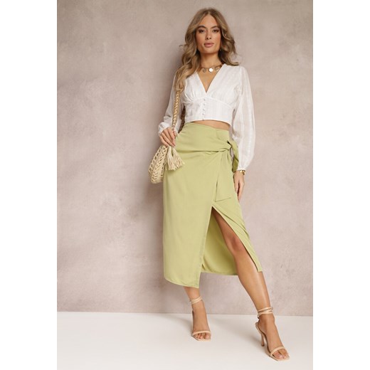 Zielona Spódnica z Asymetryczną Zakładką i Wiązaniem Maram ze sklepu Renee odzież w kategorii Spódnice - zdjęcie 157234323