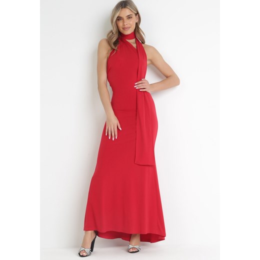 Czerwona Dopasowana Sukienka Maxi z Ozdobnym Wiązaniem Emelinta ze sklepu Born2be Odzież w kategorii Sukienki - zdjęcie 157251500