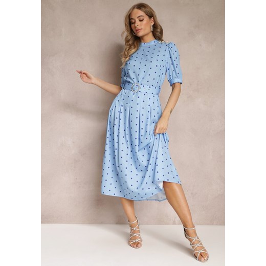 Niebieska Rozkloszowana Sukienka Midi z Gumką w Pasie i Ozdobnym Paskiem z Klamrą Abennita ze sklepu Renee odzież w kategorii Sukienki - zdjęcie 157270123