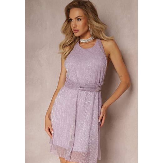 Fioletowa Błyszcząca Sukienka Mini z Gumką w Talii i Wiązaniem na Szyi Brecklyn ze sklepu Renee odzież w kategorii Sukienki - zdjęcie 157270143