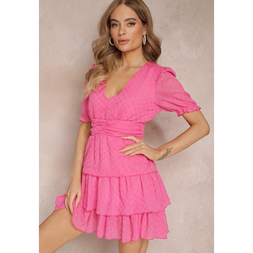 Różowa Marszczona Sukienka Mini z Falbankami i Metaliczną Nitką Elody ze sklepu Renee odzież w kategorii Sukienki - zdjęcie 157270313