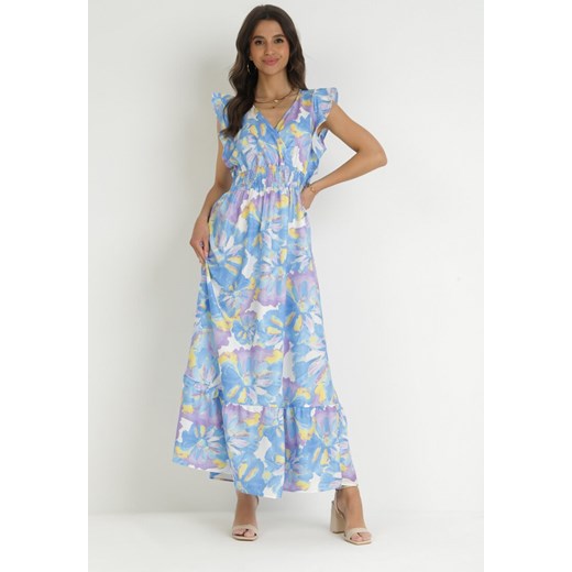 Niebieska Rozkloszowana Sukienka z Kopertowym Dekoltem i Falbankami Santila ze sklepu Born2be Odzież w kategorii Sukienki - zdjęcie 157270713