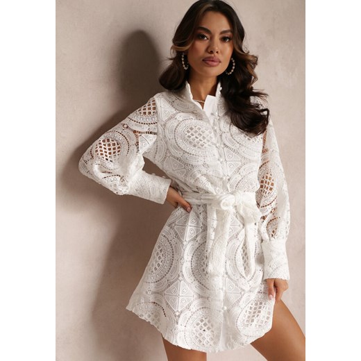 Biała Koszulowa Sukienka z Koronką Lenora ze sklepu Renee odzież w kategorii Sukienki - zdjęcie 157294503