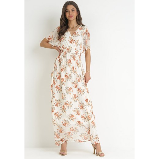 Biała Sukienka Maxi z Gumką w Talii i Kopertowym Dekoltem Tedorma ze sklepu Born2be Odzież w kategorii Sukienki - zdjęcie 157298040