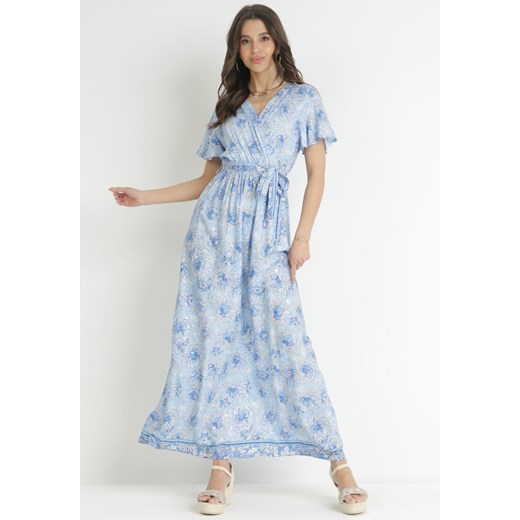 Niebieska Sukienka Kopertowa z Wiskozy z Gumką w Talii i Metalicznym Wzorem Hollisa ze sklepu Born2be Odzież w kategorii Sukienki - zdjęcie 157298120