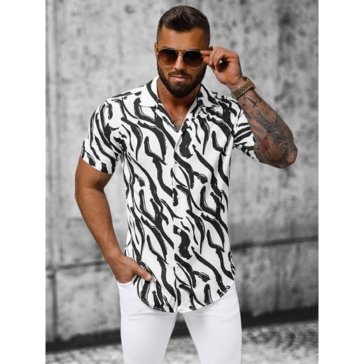 Koszula męska z krótkim rękawem biało-czarna OZONEE E/1400/59 ze sklepu ozonee.pl w kategorii Koszule męskie - zdjęcie 157446402
