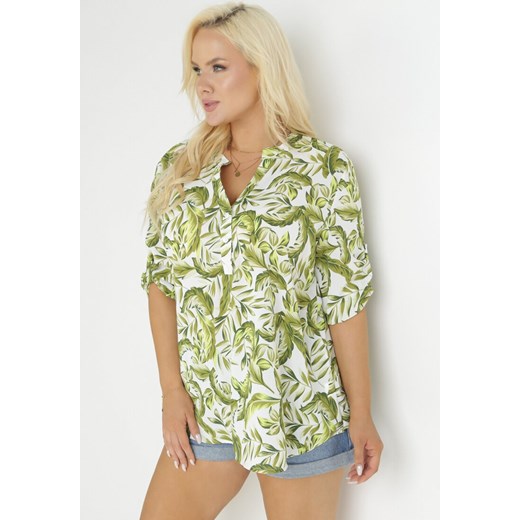 Zielona Bluzka w Roślinny Wzór z Podpinanymi Rękawami Adaina ze sklepu Born2be Odzież w kategorii Bluzki damskie - zdjęcie 157472714