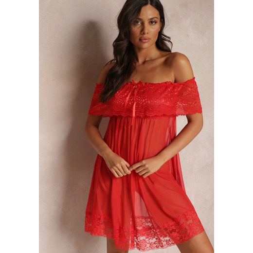 Czerwona Koronkowa Koszula Nocna z Majtkami Typu Stringi Aubina ze sklepu Renee odzież w kategorii Koszule nocne - zdjęcie 157473520