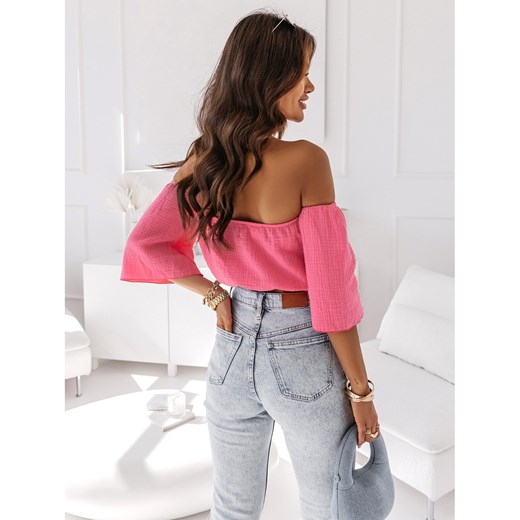 Muślinowa bluzka crop top z ozdobną różą CANIS - różowa Magmac one size magmac.pl