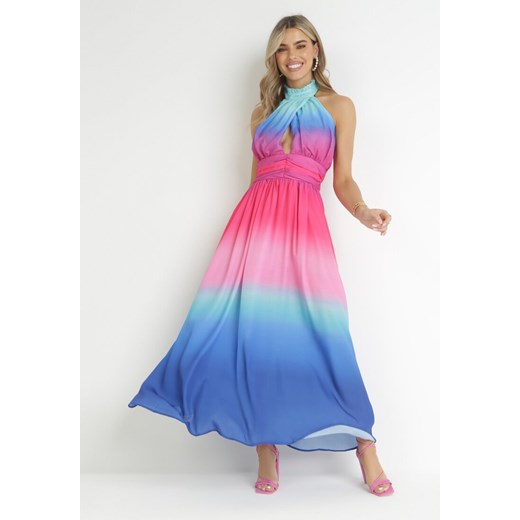 Niebieska Rozkloszowana Sukienka Maxi ze Stójką i Wycięciem Przy Dekolcie Gense ze sklepu Born2be Odzież w kategorii Sukienki - zdjęcie 157488403