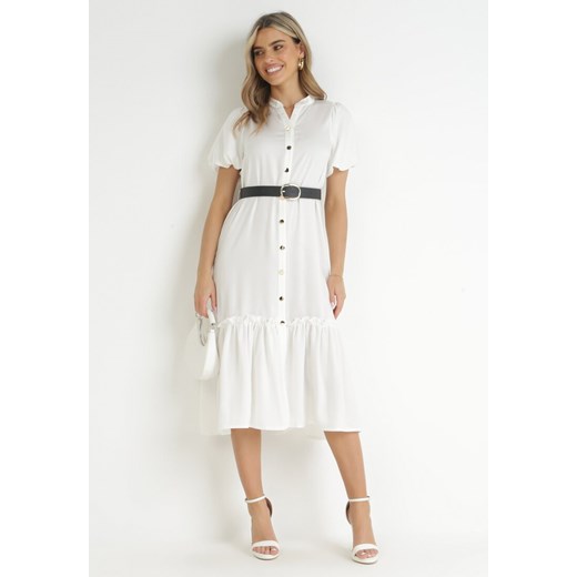 Biała Koszulowa Sukienka Midi z Falbanką i Paskiem z Klamerką Cadyjane ze sklepu Born2be Odzież w kategorii Sukienki - zdjęcie 157488513