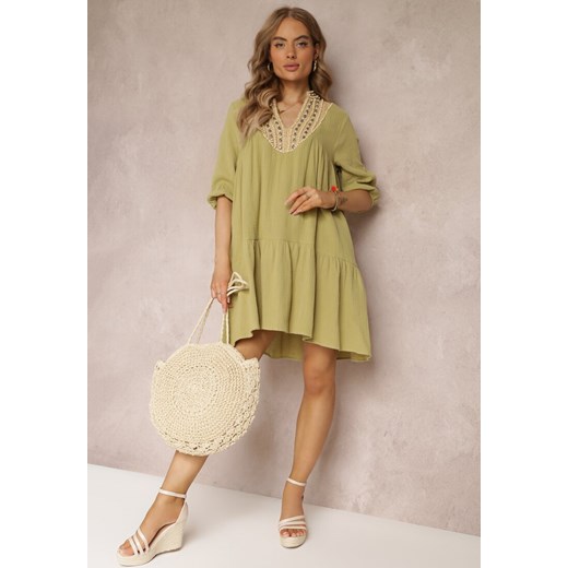 Zielona Rozkloszowana Sukienka Mini Ozdobiona Plecionką Przy Dekolcie Rufta ze sklepu Renee odzież w kategorii Sukienki - zdjęcie 157488834