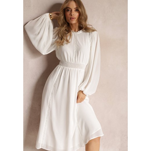 Biała Rozkloszowana Sukienka Midi z Gumkami w Talii i Koronką Ottillda ze sklepu Renee odzież w kategorii Sukienki - zdjęcie 157489154