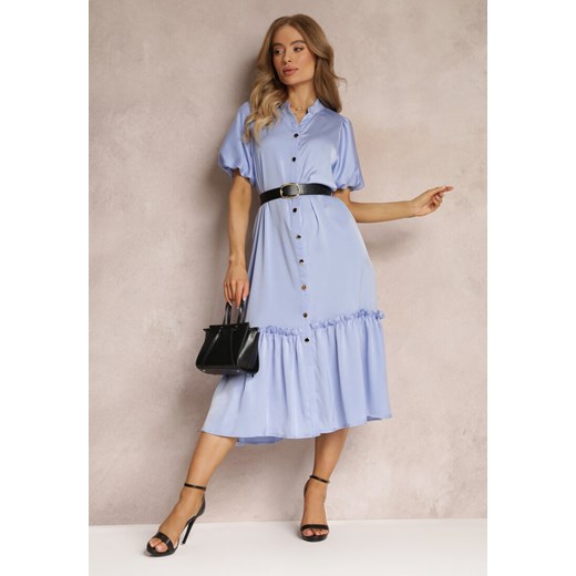 Niebieska Sukienka Midi z Ozdobną Falbanką i Dodatkowym Paskiem z Imitacji Skóry Charlotona ze sklepu Renee odzież w kategorii Sukienki - zdjęcie 157489164