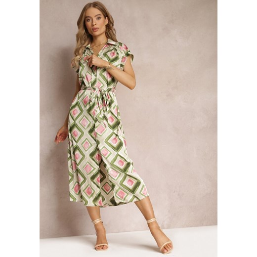 Zielona Wzorzysta Sukienka Midi w Koszulowym Stylu z Materiałowym Paskiem Emelitta ze sklepu Renee odzież w kategorii Sukienki - zdjęcie 157489224