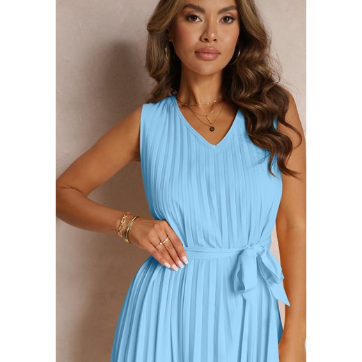 Niebieska Sukienka Midi z Plisowanej Tkaniny z Materiałowym Paskiem Eudoxia Renee M promocyjna cena Renee odzież