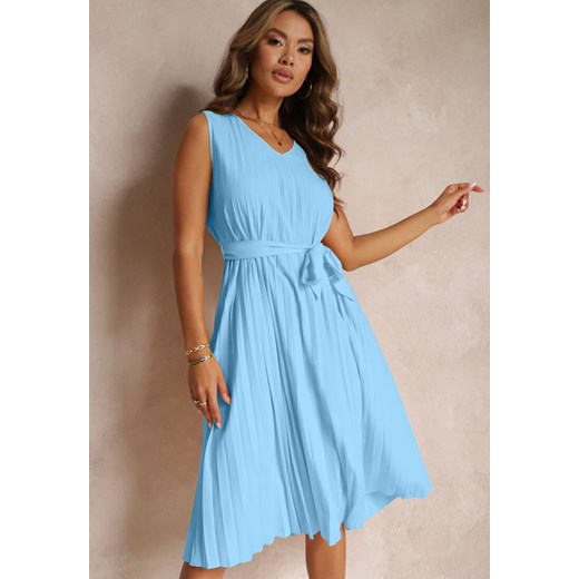 Niebieska Sukienka Midi z Plisowanej Tkaniny z Materiałowym Paskiem Eudoxia ze sklepu Renee odzież w kategorii Sukienki - zdjęcie 157489294