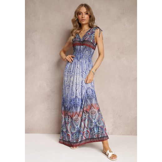 Jasnoniebieska Kopertowa Sukienka Maxi z Gumkami w Talii i Ściągaczami na Renee M okazyjna cena Renee odzież