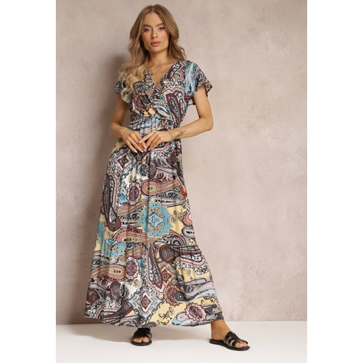 Ciemnoszaro-Brązowa Sukienka z Kopertowym Dekoltem i Gumką w Talii z Wiskozy Haifa ze sklepu Renee odzież w kategorii Sukienki - zdjęcie 157489404