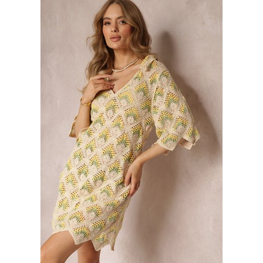 Beżowo-Zielona Szydełkowa Sukienka z Głębokim Dekoltem i Krótkim Rękawem z Bawełny Achla ze sklepu Renee odzież w kategorii Sukienki - zdjęcie 157494023