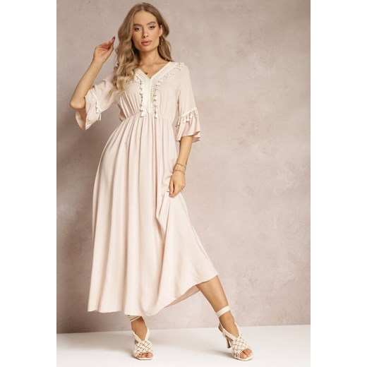 Beżowa Sukienka Maxi z Gumką w Talii z Ozdobnymi Chwostami z Wiskozy Zisel ze sklepu Renee odzież w kategorii Sukienki - zdjęcie 157494253