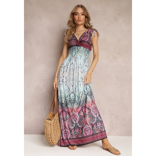 Niebiesko-Bordowa Kopertowa Sukienka Maxi z Gumkami w Talii i Ściągaczami na Ramionach Hannele ze sklepu Renee odzież w kategorii Sukienki - zdjęcie 157494293