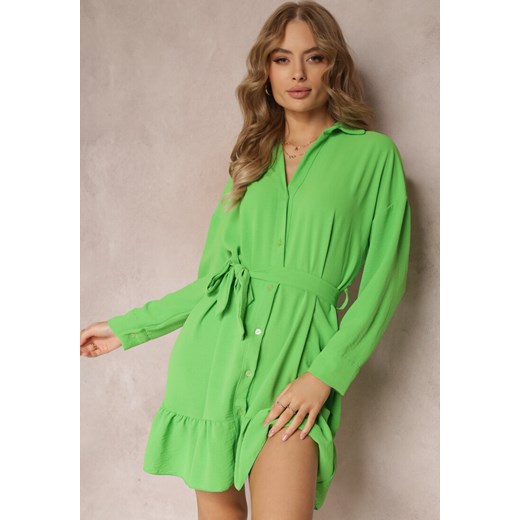 Zielona Sukienka Koszulowa z Falbanką i Wiązanym Paskiem Neitra ze sklepu Renee odzież w kategorii Sukienki - zdjęcie 157494323