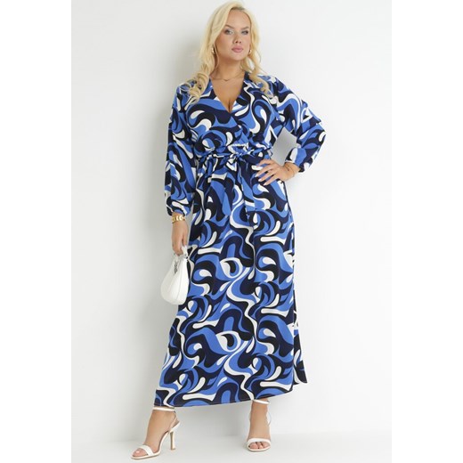 Niebieska Rozkloszowana Sukienka Maxi w Fantazyjny Print Blanis 2XL okazyjna cena Born2be Odzież