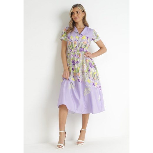 Fioletowa Koszulowa Sukienka w Kwiaty z Paskiem Islaine ze sklepu Born2be Odzież w kategorii Sukienki - zdjęcie 157494481