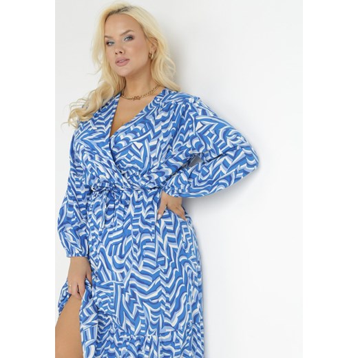 Niebieska Kopertowa Sukienka Maxi z Wiązanym Paskiem Aprlia L promocja Born2be Odzież
