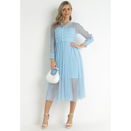 Niebieska Tiulowa Sukienka Maxi z Koronkowymi Tasiemkami i Długimi Rękawami M okazja Born2be Odzież