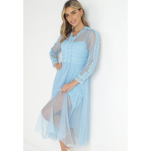 Niebieska Tiulowa Sukienka Maxi z Koronkowymi Tasiemkami i Długimi Rękawami M Born2be Odzież wyprzedaż