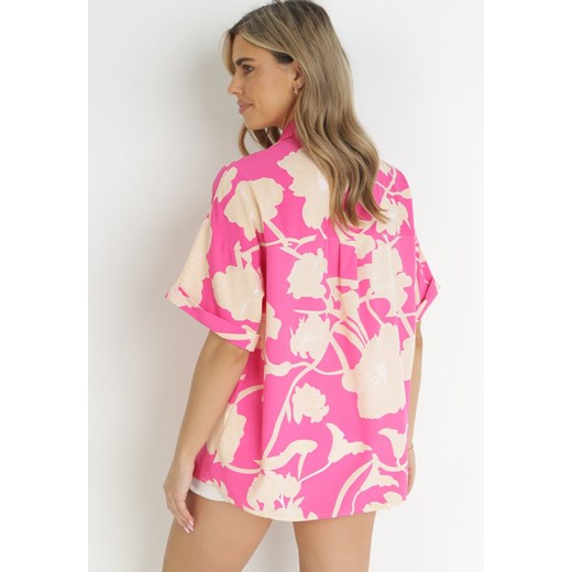 Różowa Bluzka z Krótkimi Rękawami w Kwiaty Selenes XL Born2be Odzież promocja