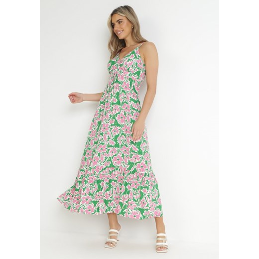 Zielona Sukienka Maxi z Wiskozy z Błyszczącym Nadrukiem w Kwiaty Lerin ze sklepu Born2be Odzież w kategorii Sukienki - zdjęcie 157499281