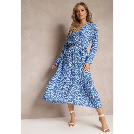 Niebieska Sukienka Kopertowa z Wiązanym Paskiem i Fantazyjnym Printem Nevilia ze sklepu Renee odzież w kategorii Sukienki - zdjęcie 157514722
