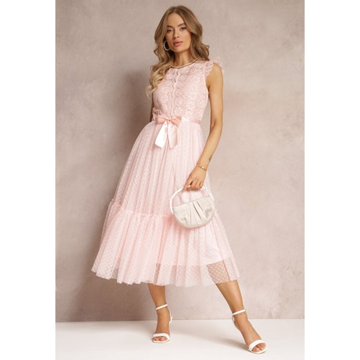 Różowa Taliowana Sukienka z Tiulową Spódnicą i Górą z Koronki Darela ze sklepu Renee odzież w kategorii Sukienki - zdjęcie 157514802