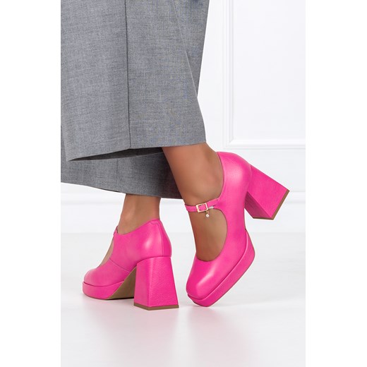 Fuksjowe czółenka skórzane na klocku z paskiem ozdoba PRODUKT POLSKI Casu Casu 36 promocja Casu.pl