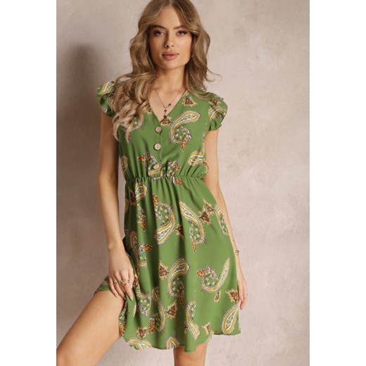 Zielona Rozkloszowana Sukienka Mini we Wzór Paisley Rachelli ze sklepu Renee odzież w kategorii Sukienki - zdjęcie 157520000