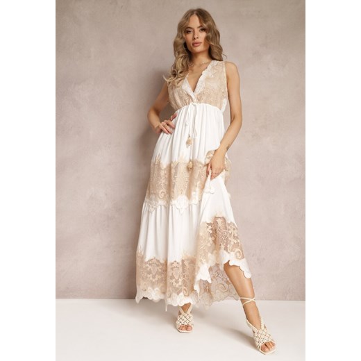 Biała Rozkloszowana Sukienka Maxi z Koronką i Pomponami Laenirah ze sklepu Renee odzież w kategorii Sukienki - zdjęcie 157539954