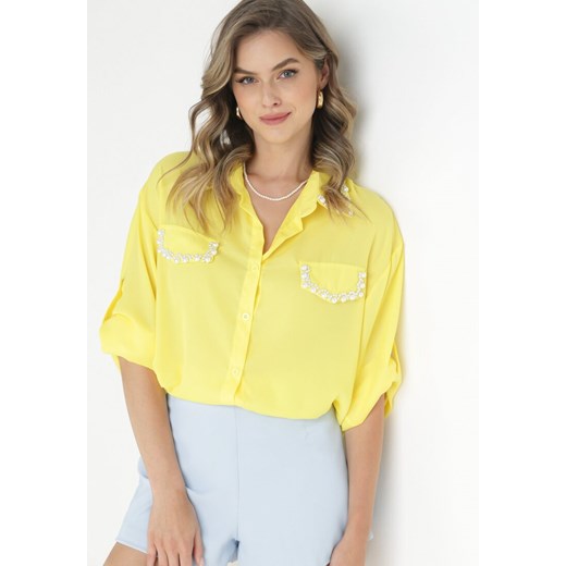 Żółta Koszula z Podpinanymi Rękawami i Perełkami Dorval ze sklepu Born2be Odzież w kategorii Koszule damskie - zdjęcie 157540540